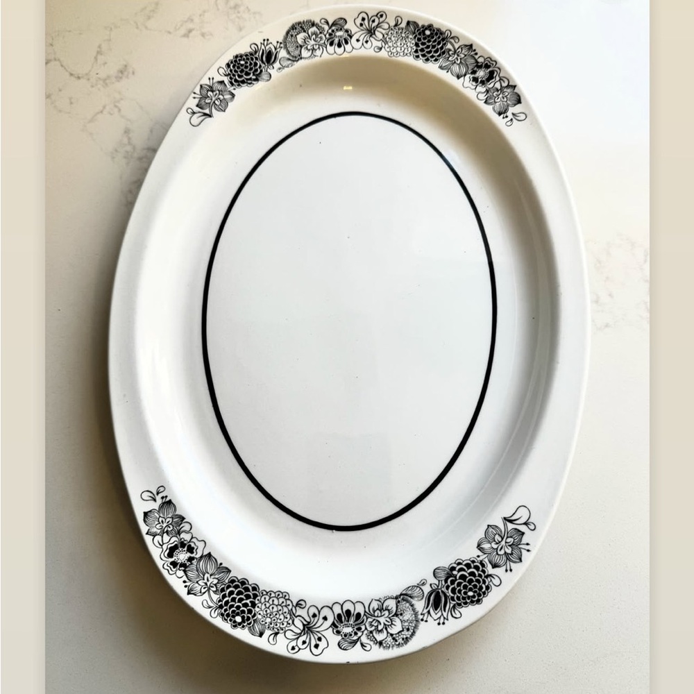 Elegant Black and White Floral Oval Platter